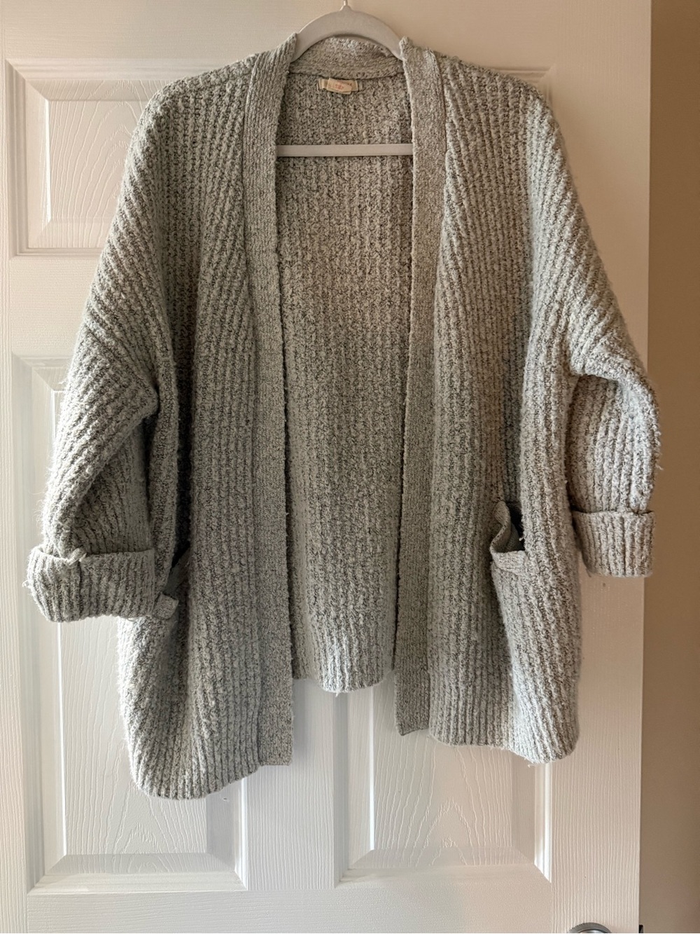 Wool/Cotton Blend Chunky Knit Cardigan - Light Gray XS